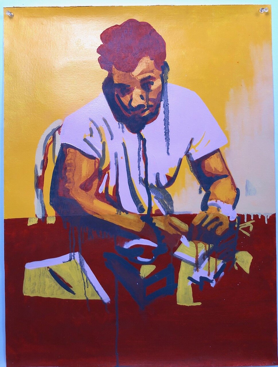 Fred Hampton on the Phone in Quinacridone, oil on unstretched canvas, 2019