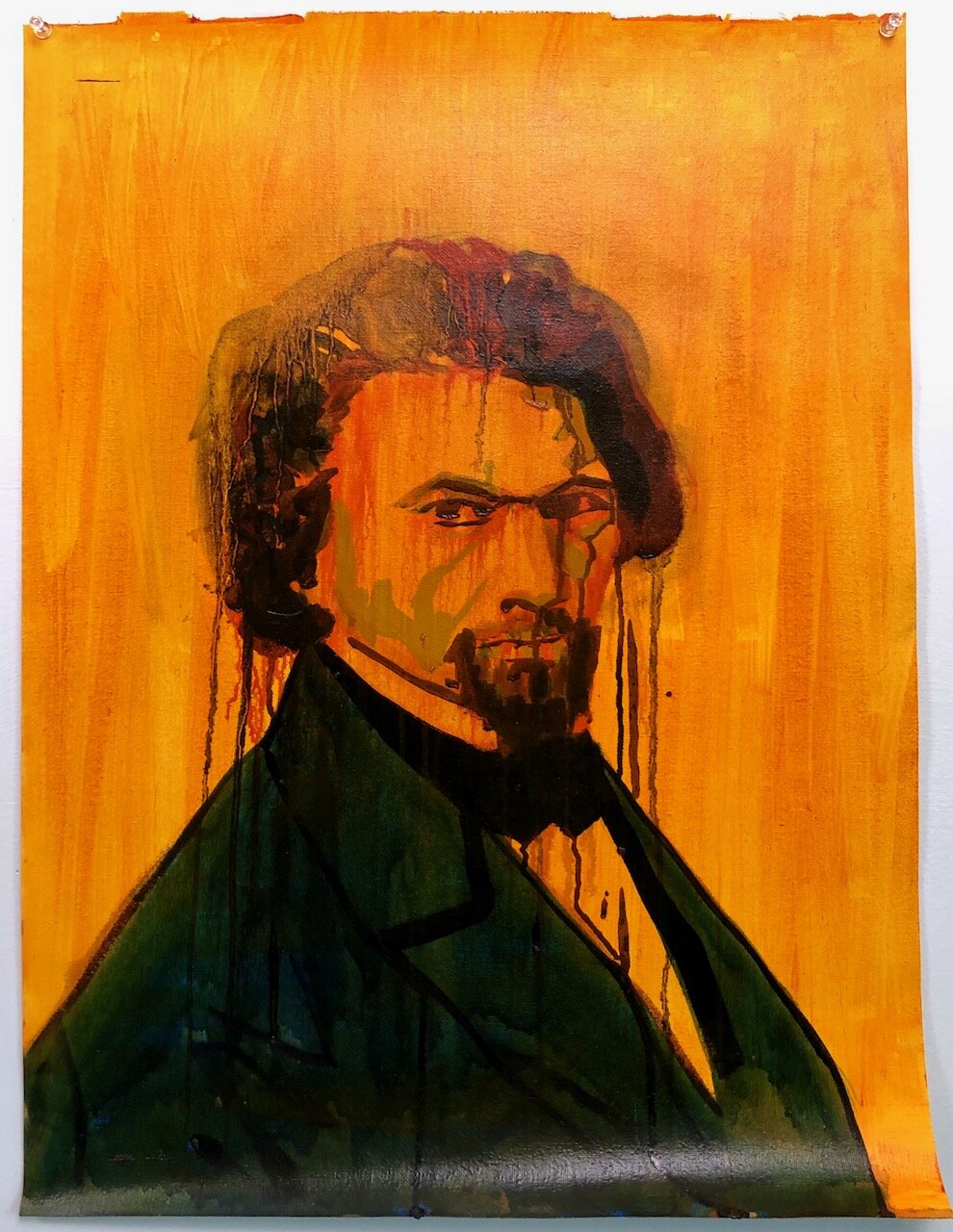 Frederick Douglass in Transparent Orange, oil on unstretched canvas, 2019