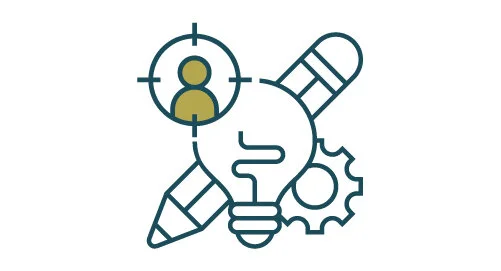 Creative strategy icon with a lightbulb, gears, and human silhouette, signifying the integration of personality, purpose, ideas and innovation.
