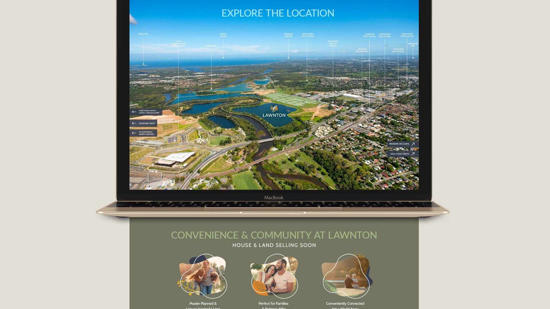 Laptop with website design scrolling past the screen, showing aerial map with location markers