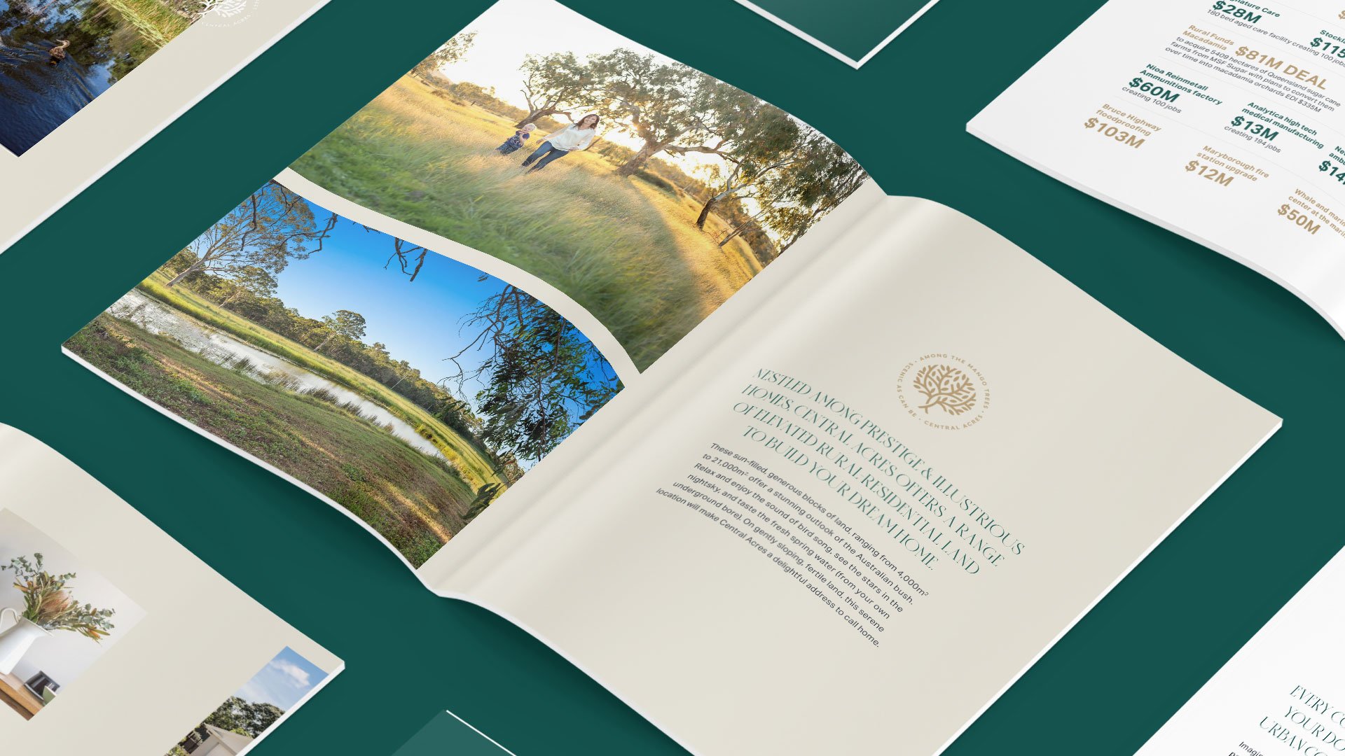An open brochure page from Central Acres Land development, highlighting tthe lifestyle with messaging and aerial views of a coastal community