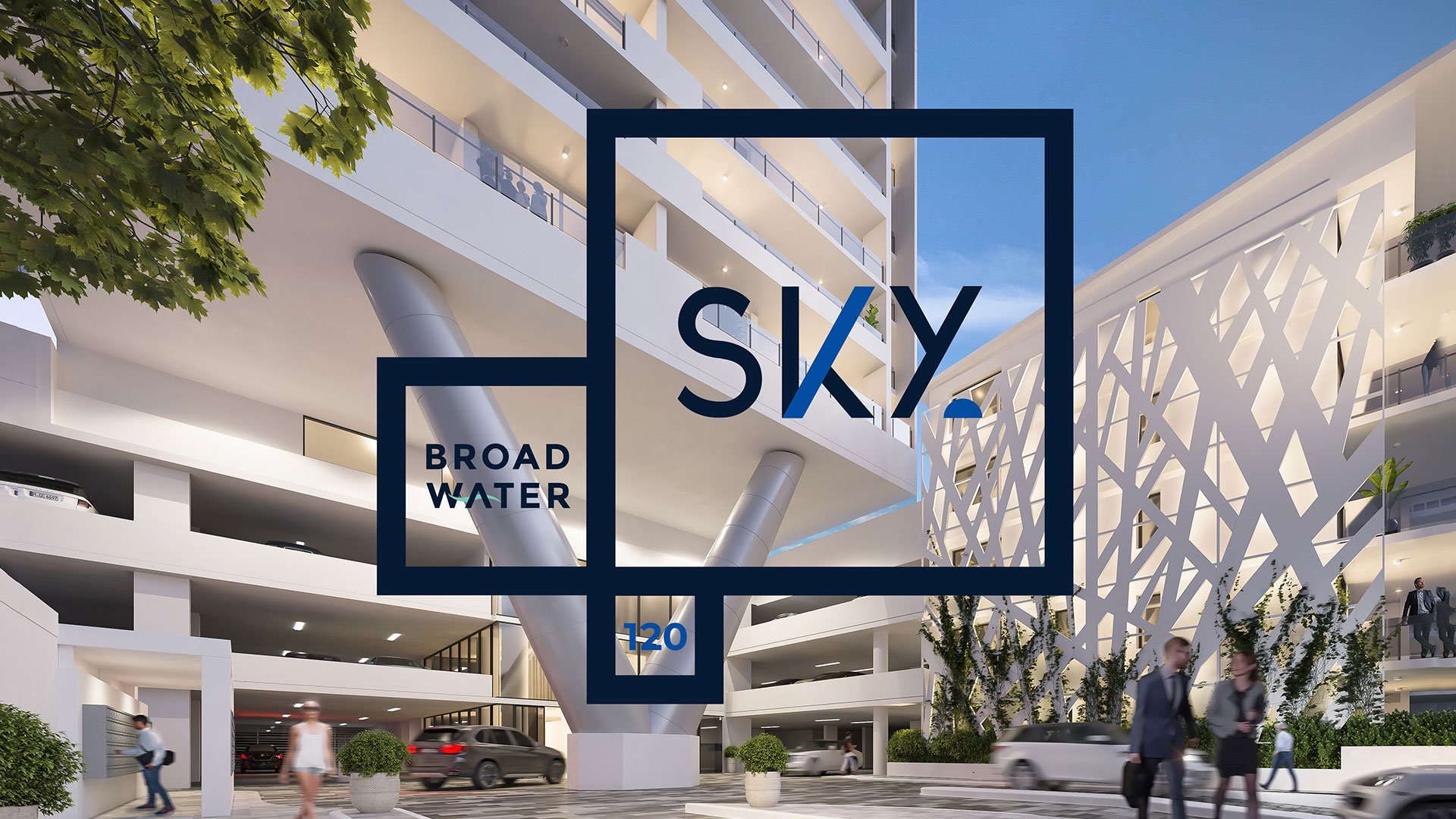 Unit Development 'Sky Broadwater' logo over the building render | Located in Southport, Gold Coast, QLD