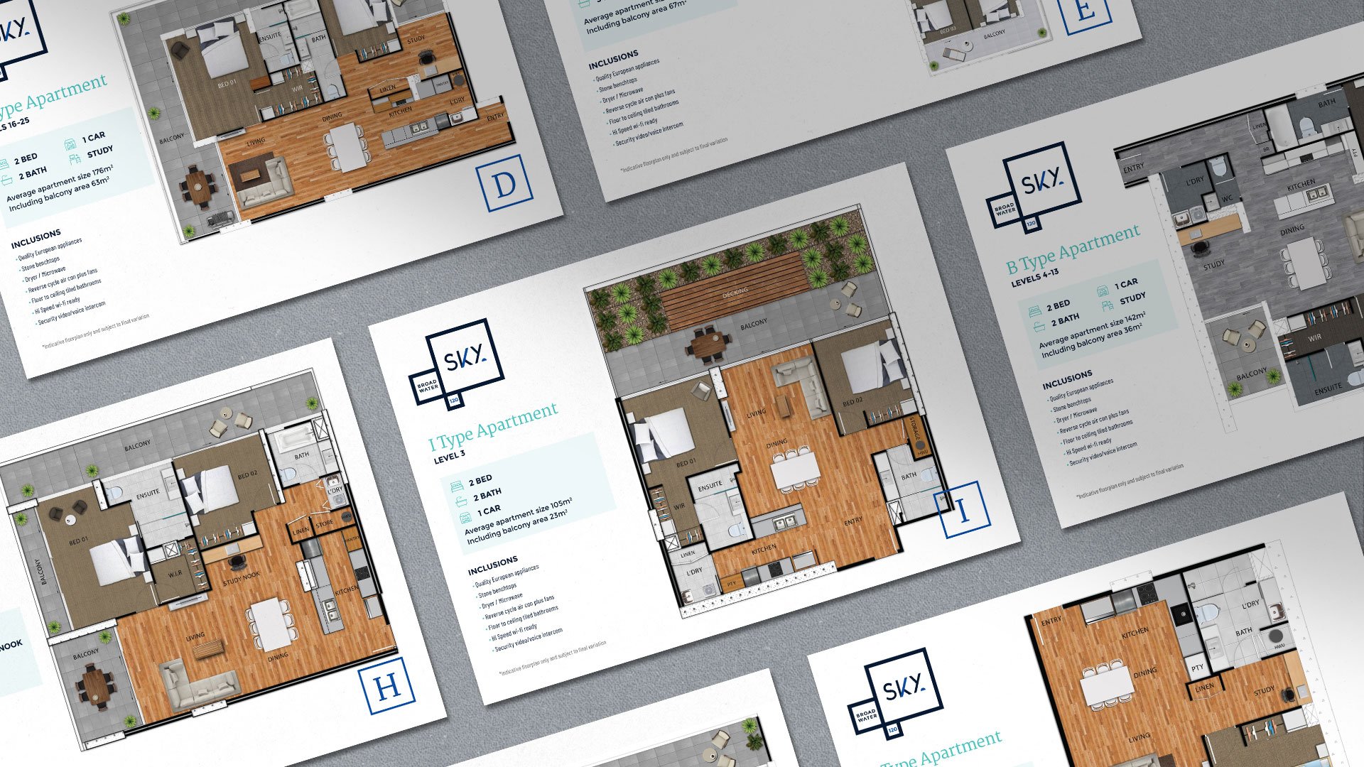 Multiple floorplan flyers with show-stopping designs, logo, and all the inclusions and details