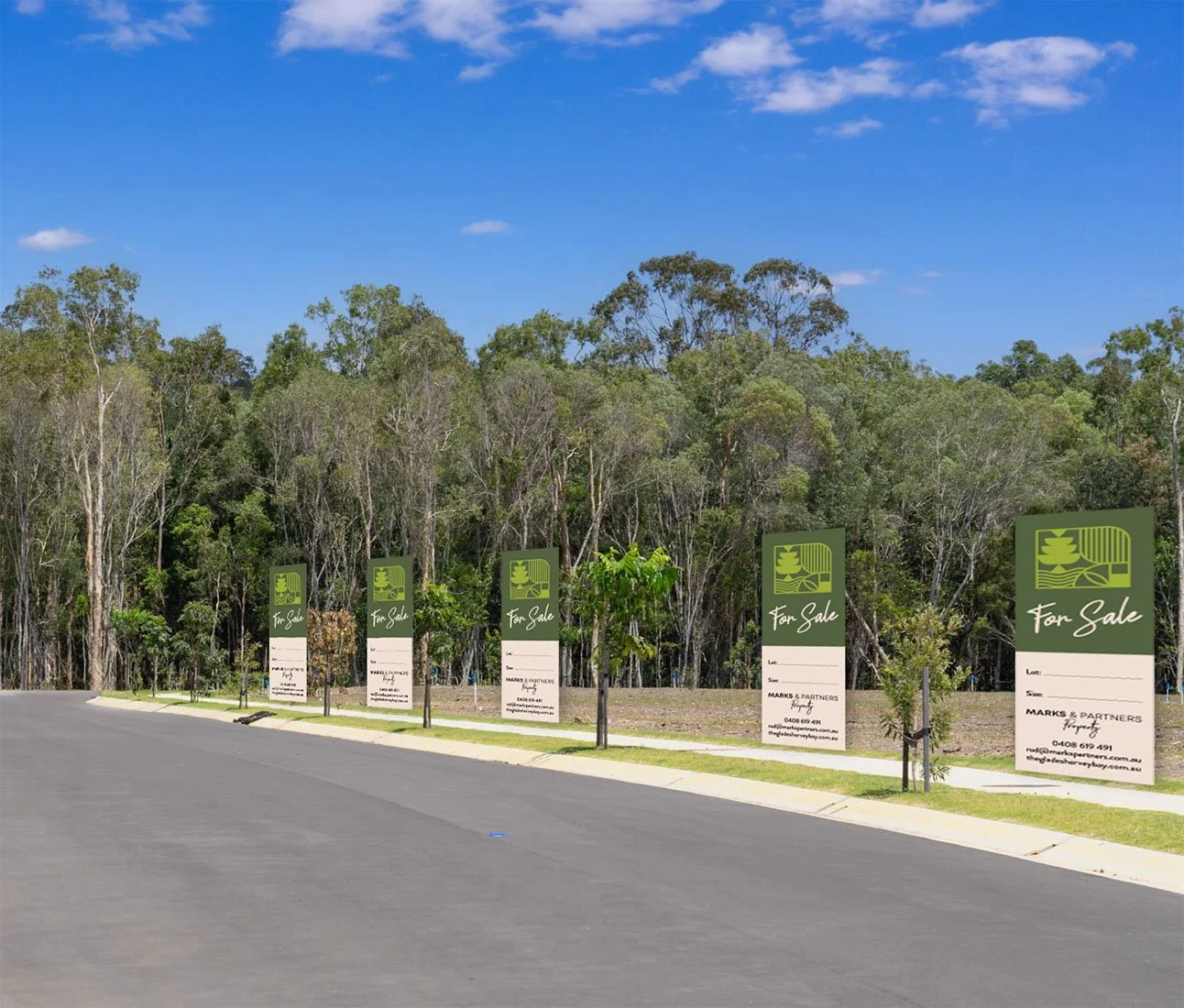 The Glades estate street with for sale sign design, land development branding Hervey Bay
