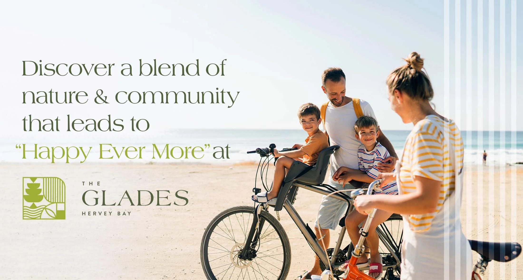 The Glades land estate branding featuring logo, tagline and family on bikes at the beach, residential land development marketing Hervey Bay QLD