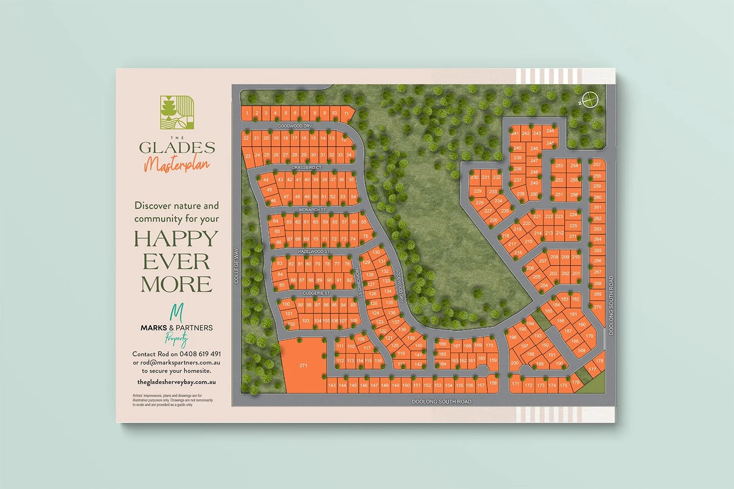 Development-Branding-Masterplan.jpgThe Glades estate masterplan design showing 270 homesites, land development marketing Wondunna