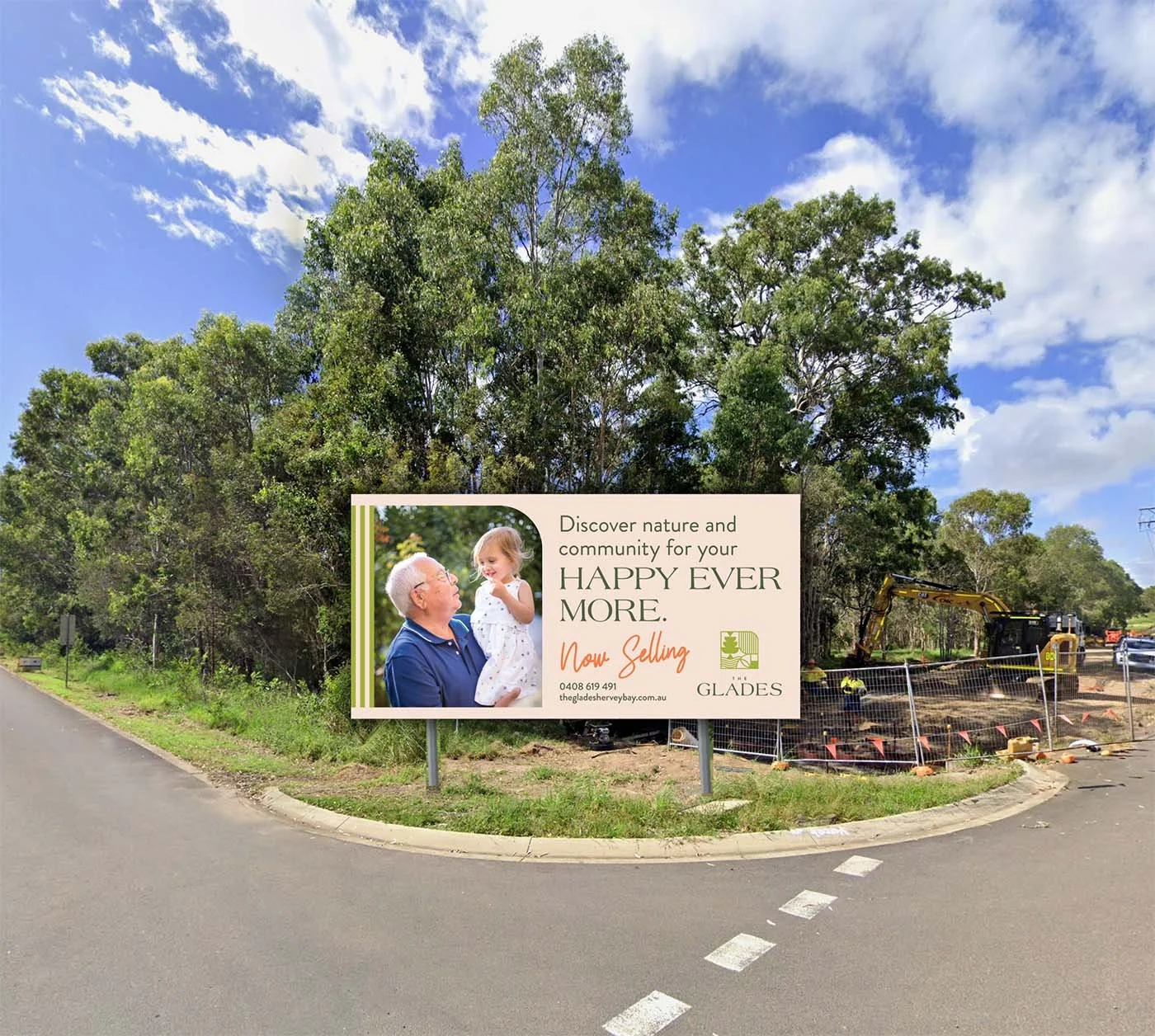 The Glades estate billboard with Happy Ever More campaign, land development signage Fraser Coast