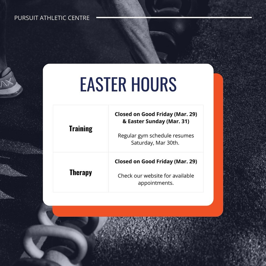 EASTER WEEKEND HOURS 🐣

Gym: Closed Friday (Mar. 29) but open Saturday for regularly scheduled classes. 

Therapy: Closed Friday (Mar. 29). Tap the link in our bio for available appointments over the weekend.

Saturday&rsquo;s programming is with Kr