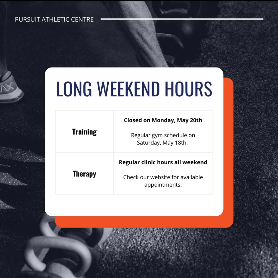 Long Weekend Hours ☀️ 

🟠 Our therapy and gym hours have been posted for this May long weekend.

🔵 We wish everyone a healthy and safe weekend however you decide to spend it!