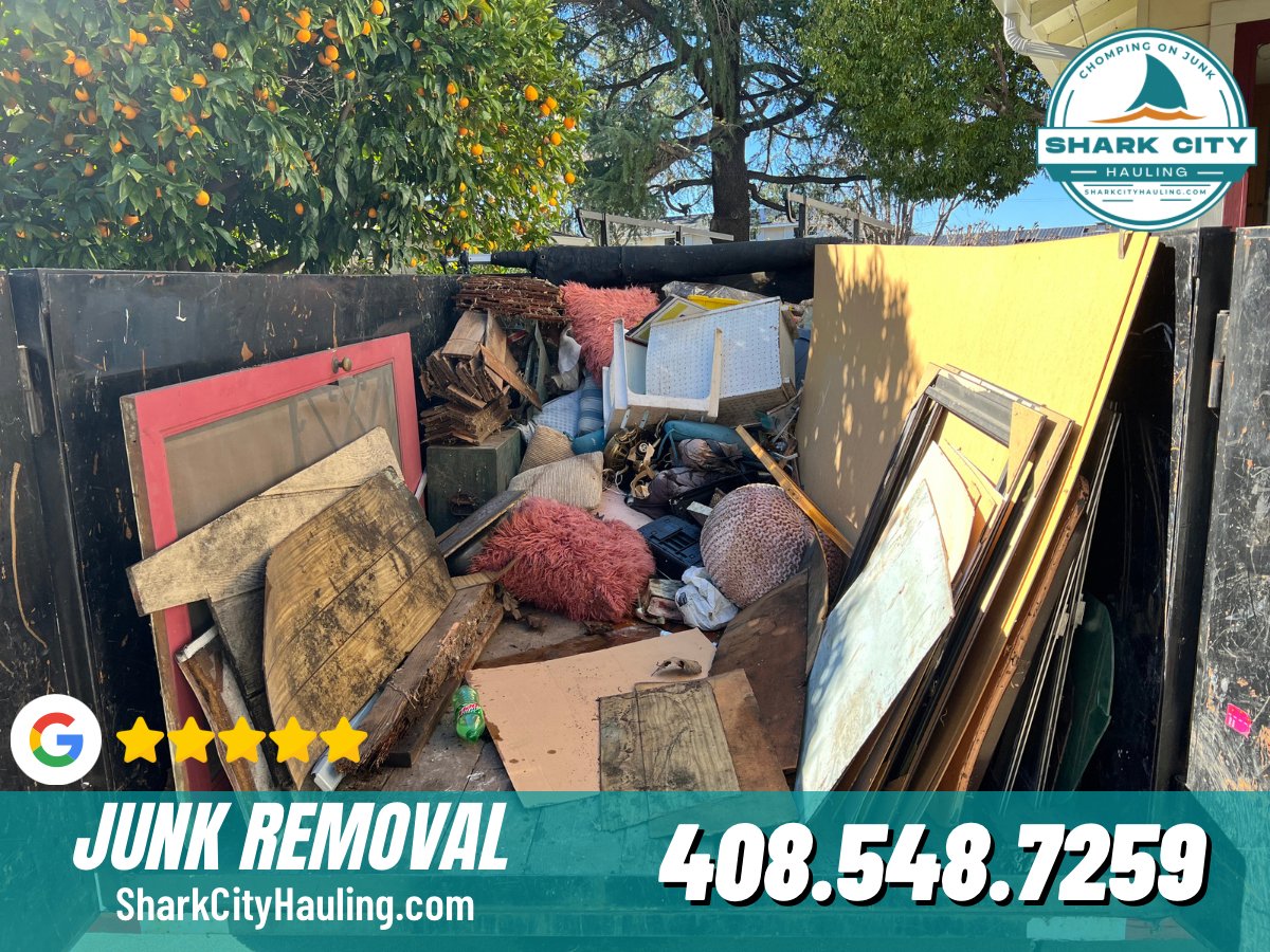 A large black dumpster filled with assorted household debris including furniture, cushions, and scrap wood, with trees and a building visible in the background.