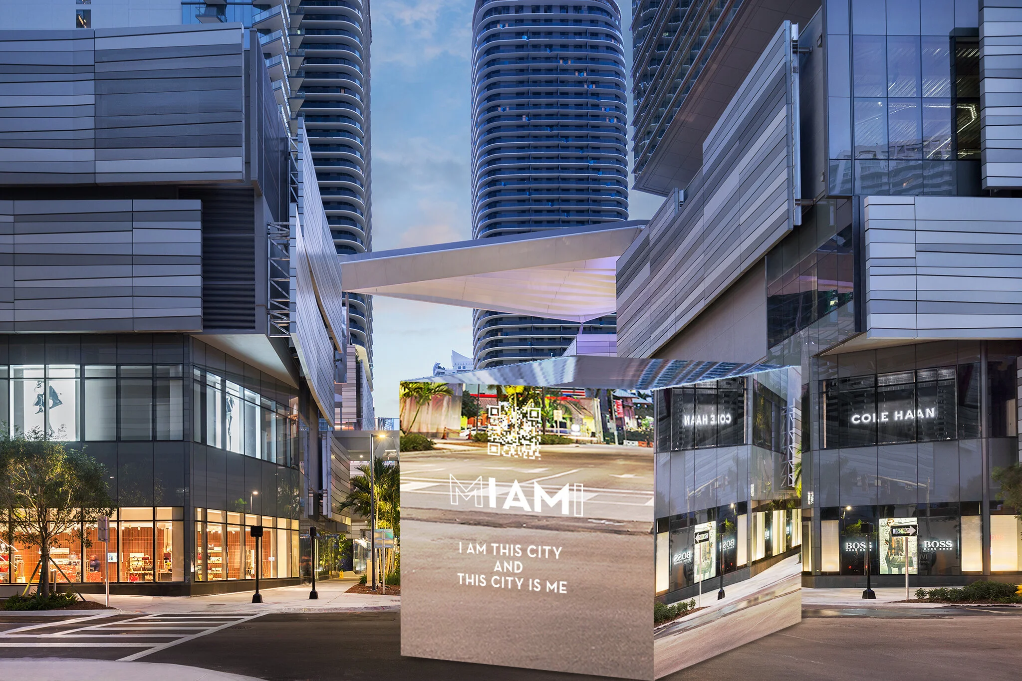 OOH: Mirrored cube in Brickell with tagline, countdown to launch, + QR code to landing page