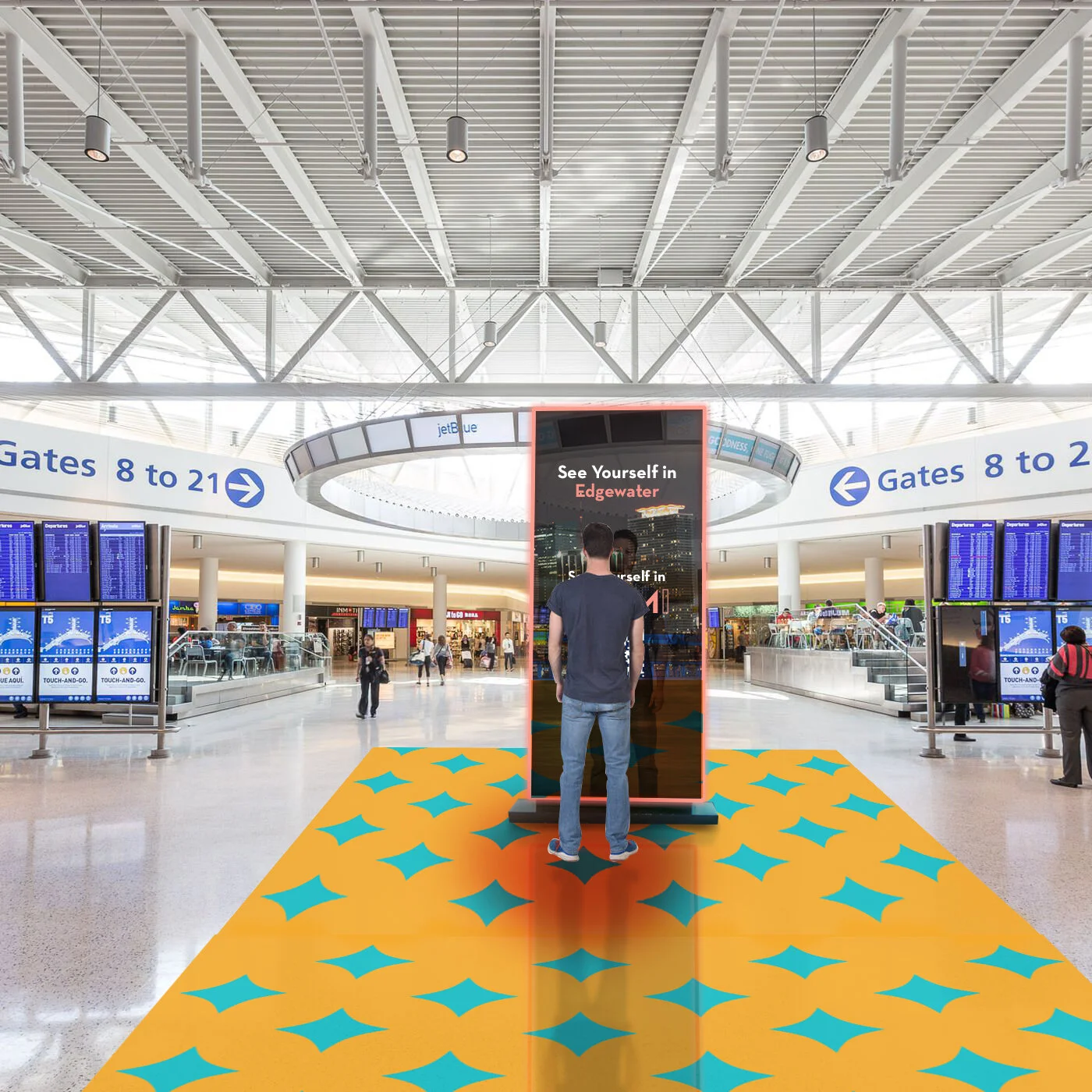 Global + Domestic Airport OOH: Digital Interactive Mirror Portals, showcasing the user's reflection in different Miami neighborhoods