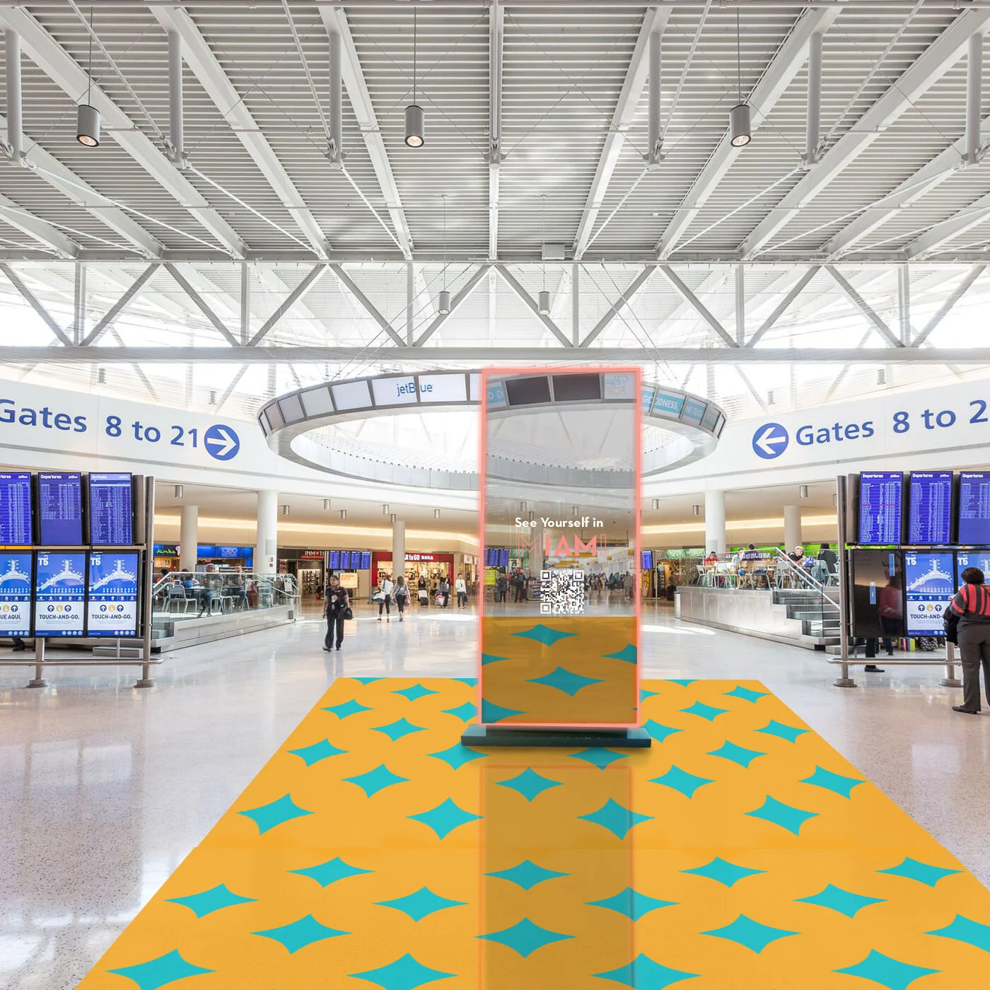 Global + Domestic Airport OOH: Digital Interactive Mirror Portals, showcasing the user's reflection in different Miami neighborhoods