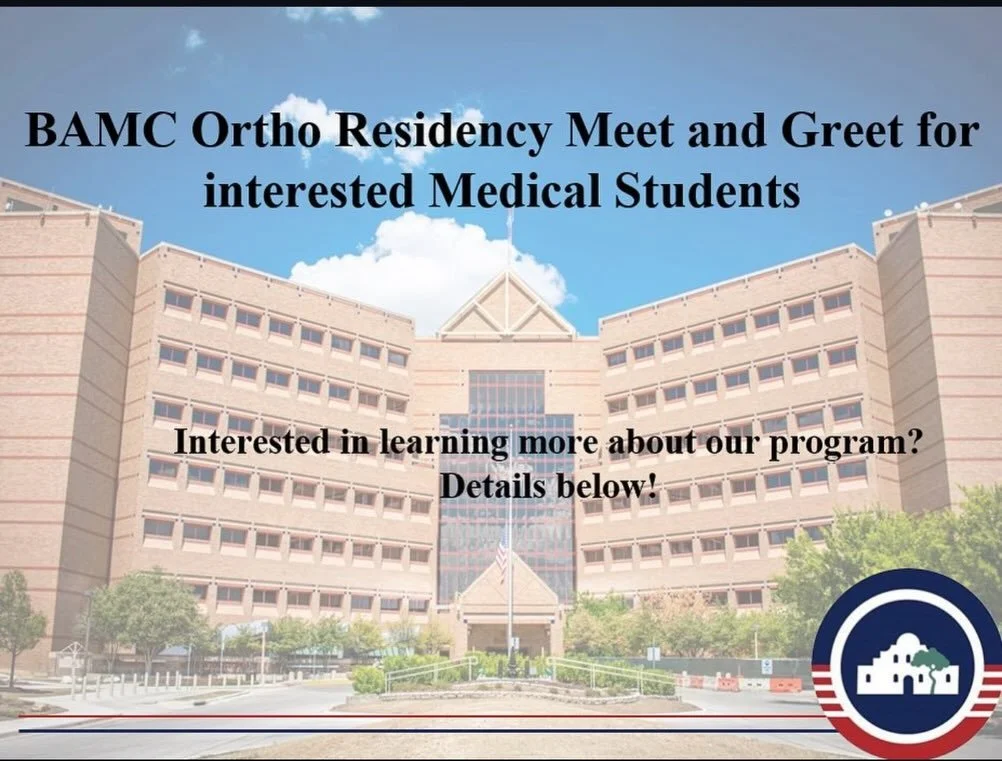 ATTENTION Medical Students applying Orthopedics next year 🚨 it is that time of the year again, BAMC Orthopedics is hiring and looking for candidates for the class of 2032. Please join us for a meeting greet on FEBRUARY 16TH. 2026 1900 CST (2000 EST)