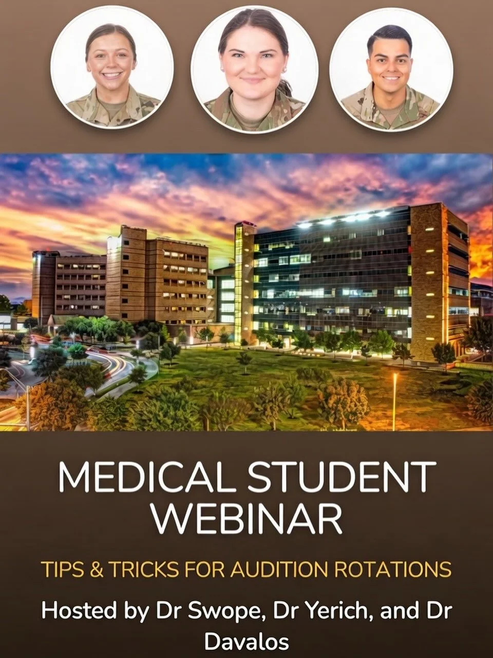 ATTENTION MEDICAL STUDENTS 🚨  Please join us next Wednesday, 10 JUNE 2026 @1900 CST // 2200 EST for a medical student webinar regarding your upcoming audition rotations, and tips &amp; tricks for how to stand out and crush interview season! Hosted b