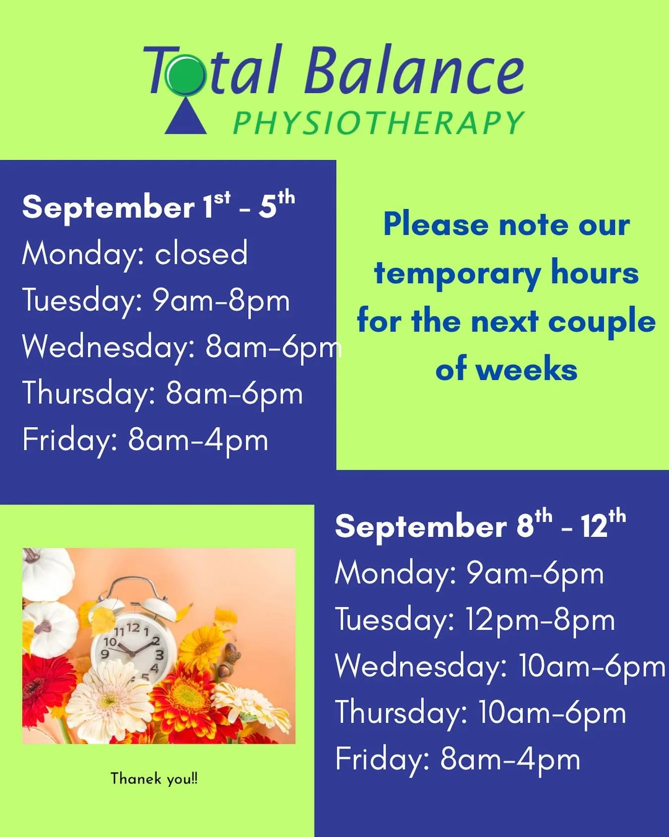Please note that our hours are a little different for the next week and a half. Thanks for understanding!