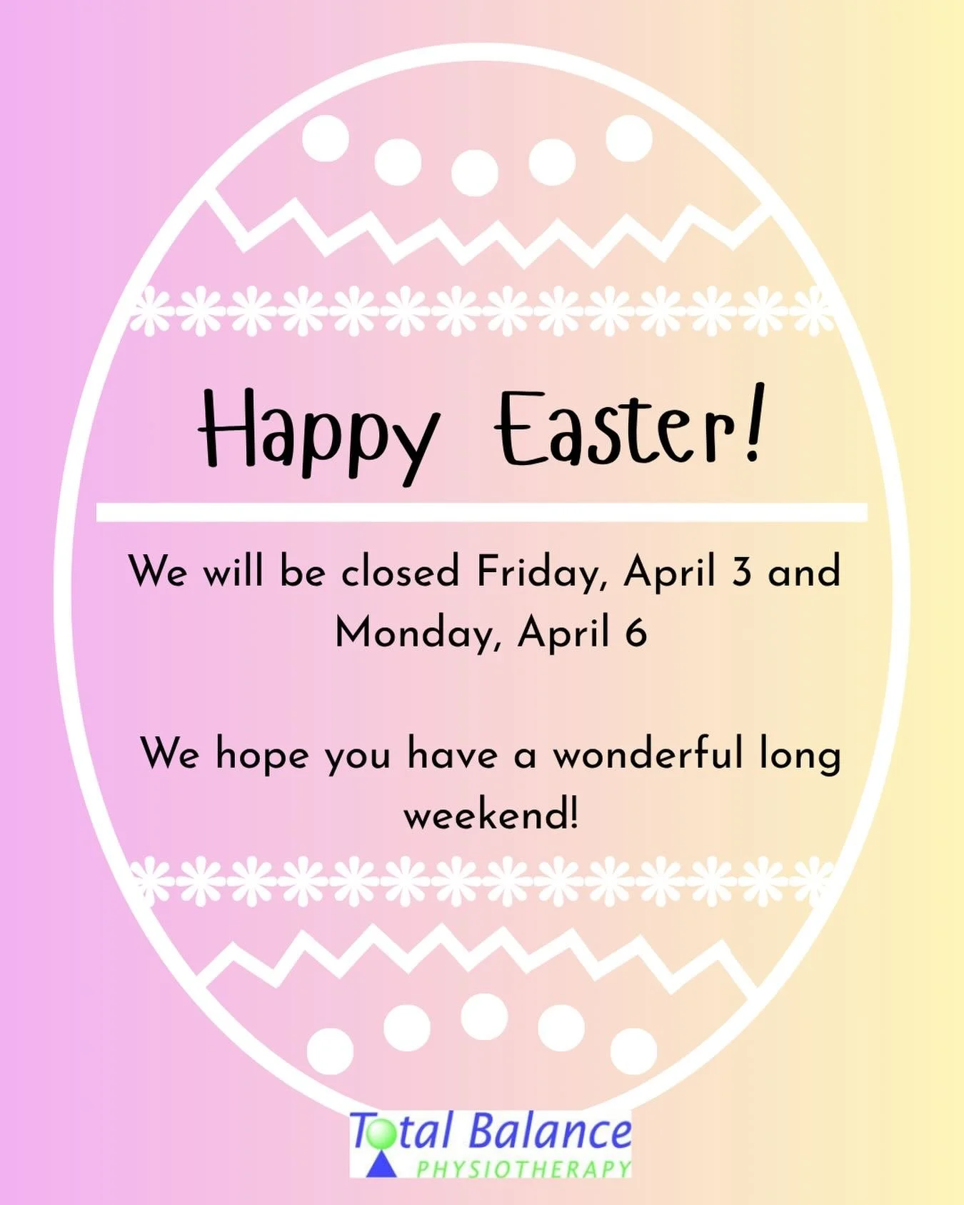 It&rsquo;s a long weekend!  Both locations will be closed on Friday April 3 and Monday April 6th. We will see you back at both locations on Tuesday morning. Have a great long weekend everyone! 🌷☀️🐣