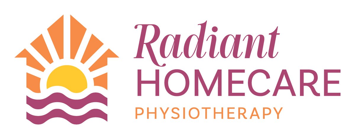 Logo for Radiant Homecare Physiotherapy featuring a sun rising over wavy water in orange, yellow, and purple, with the business name and service description.