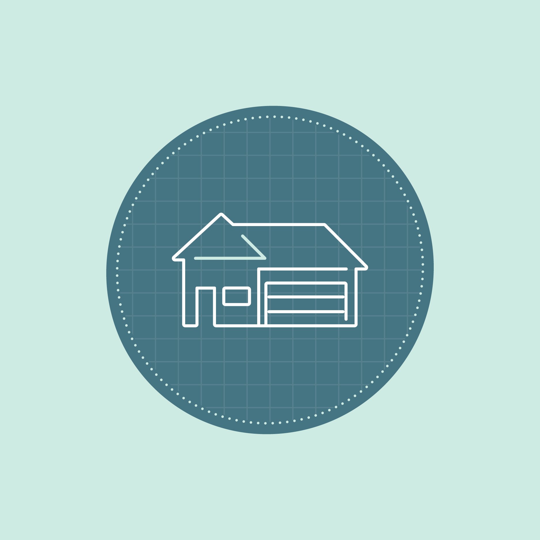 Digital illustration of a house inside a circular grid, resembling a radar screen.