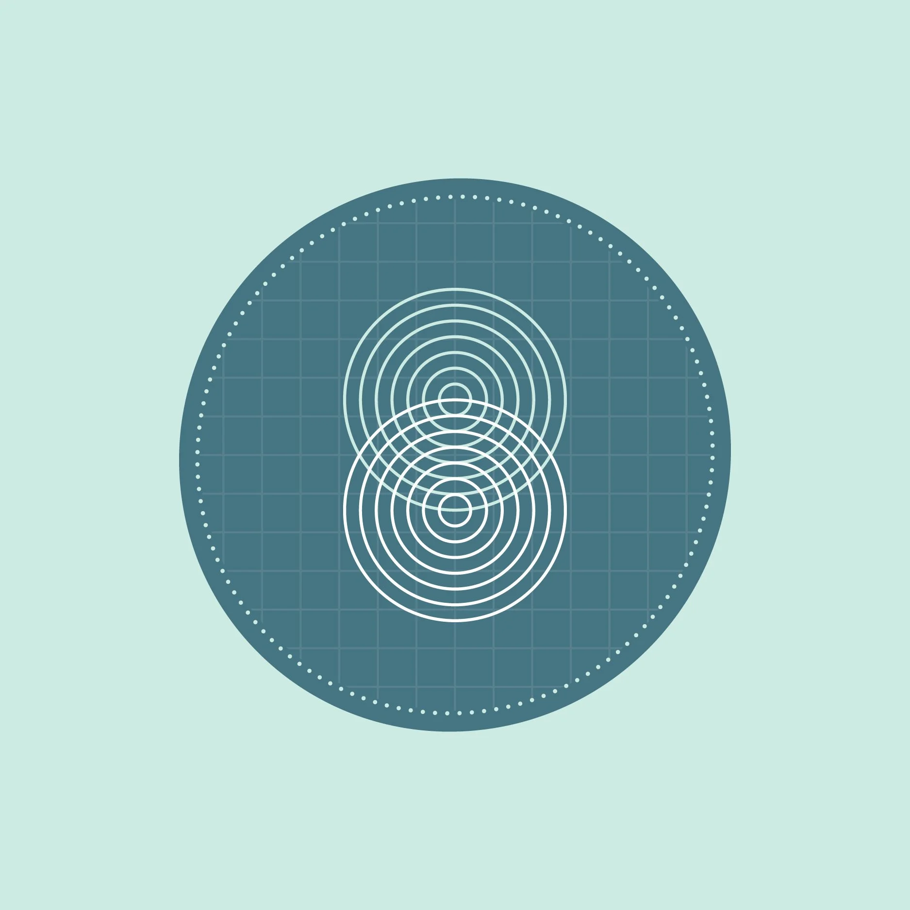 A radar screen displaying concentric circles and radial lines, set against a light teal background.