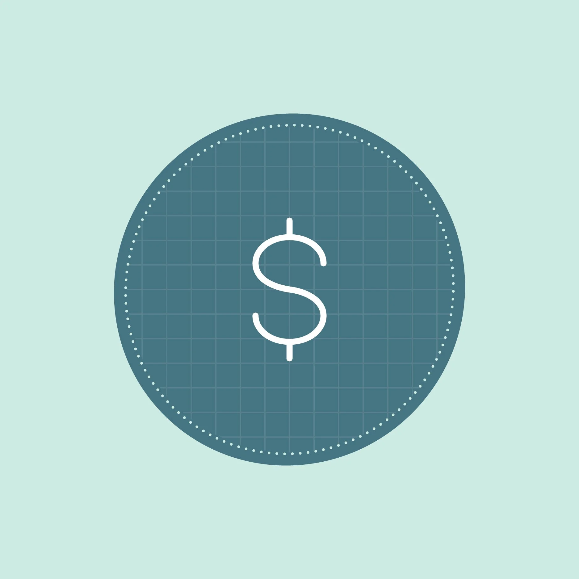 Close-up of a dark blue circular infographic with a white dollar sign in the center, dotted outline around the edge, on a light teal background.