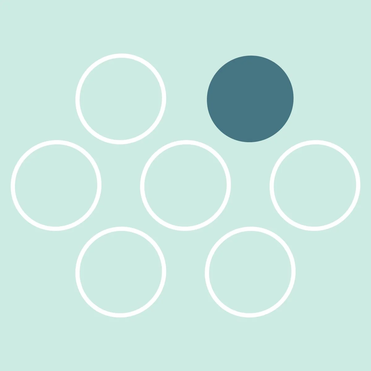 A digital illustration of a tic-tac-toe game with a light blue background, featuring six empty circles and one filled dark blue circle in the top right position.