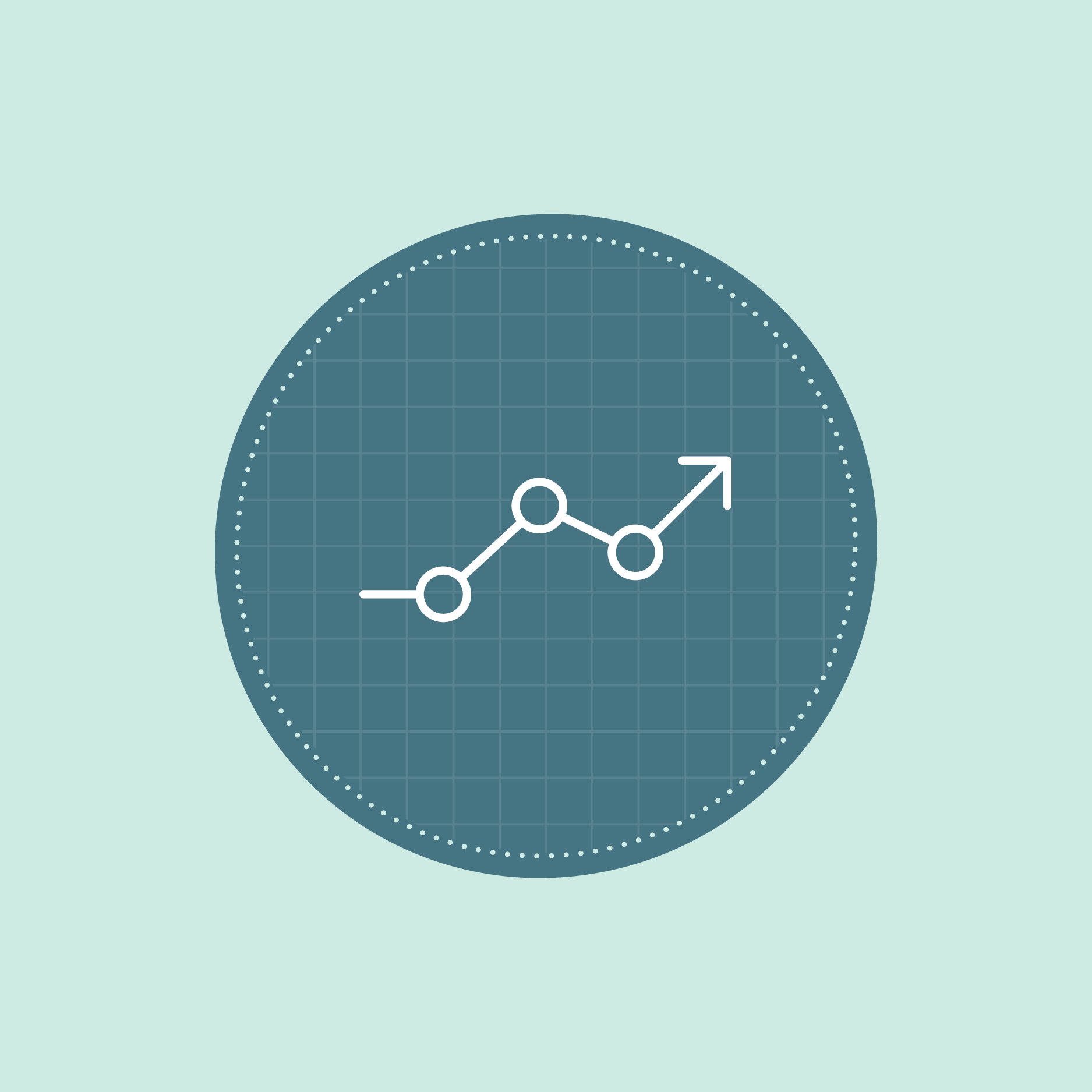 Partial view of a circular chart with a line graph and arrow pointing upwards, set against a light blue background.