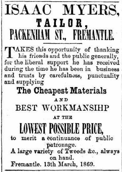 First mention of Packenham St 1869, Isaac Myers tailor, 1869 