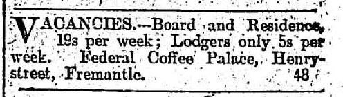 Ad Federal Coffee Palace, Jan 1898