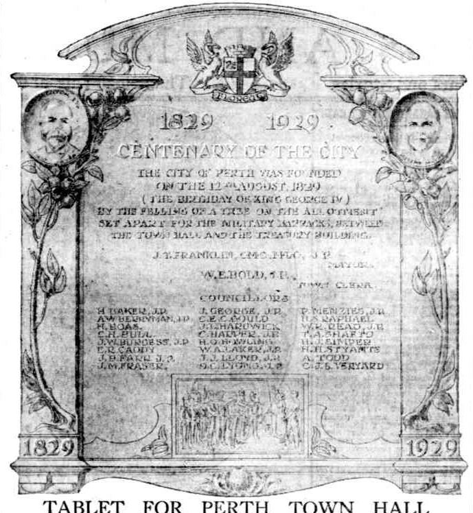 Tablet at Perth Town Hall, 28 July 1929 
