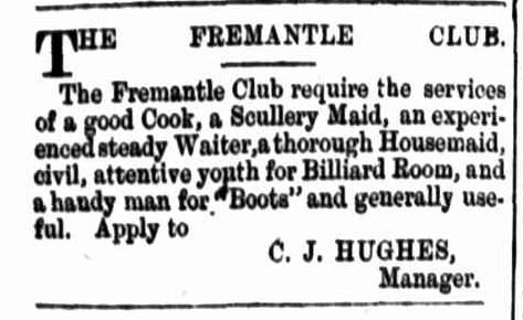 Staff wanted for the Fremantle Club,25 March 1886 
