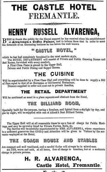 Ad for The Castle Hotel, Alvarenga's,  May 1884 