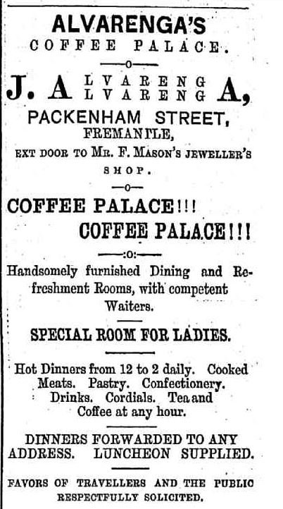 Ad for Jane Alvarenga coffee palace, 2 July 1885