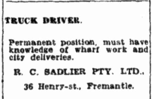 Wanted truck Driver, Sadliers, Sept 1954