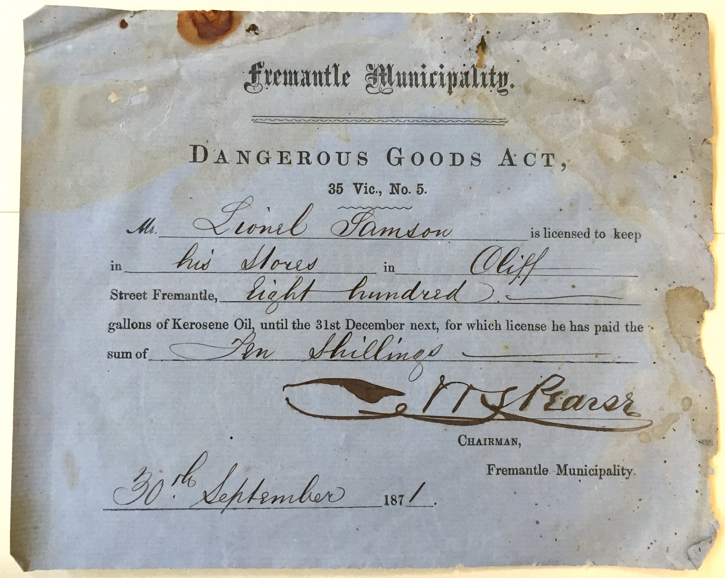 Licence to store dangerous goods 1871