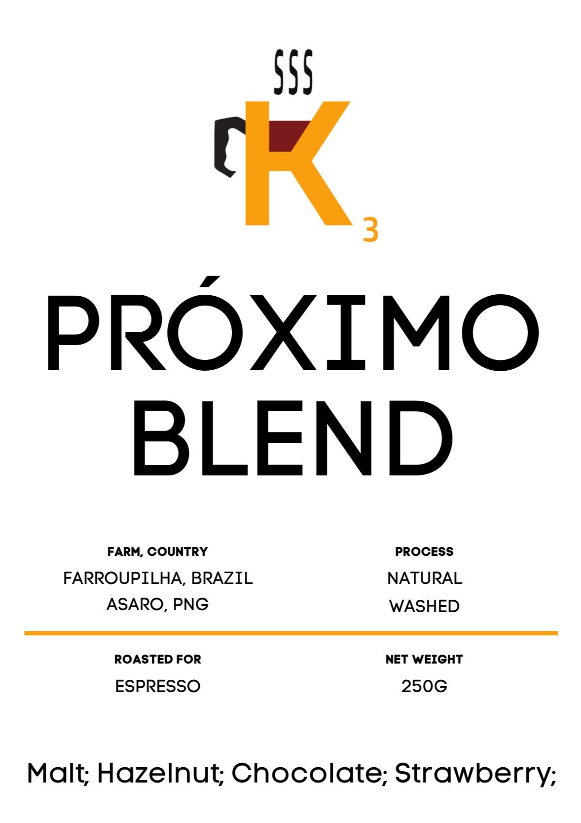 K3 Artisan Coffee picture of Proximo Blend, denoting region, roast level, coffee bean process, and flavor notes