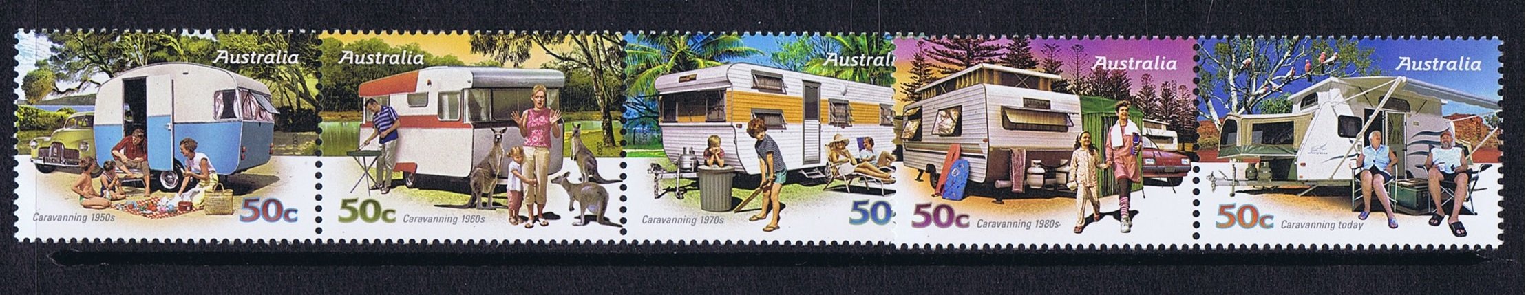 Australian Decimal Stamps, 2007, 50c Caravanning, Strip of 3 & 2 MNH