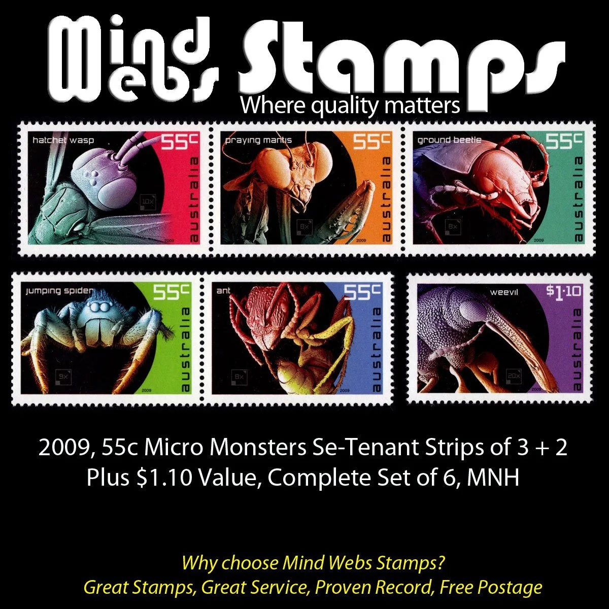 Australian Stamps, 2009, Micro Monsters, Complete Set of 6, Strips of 3 & 2, + $1.10