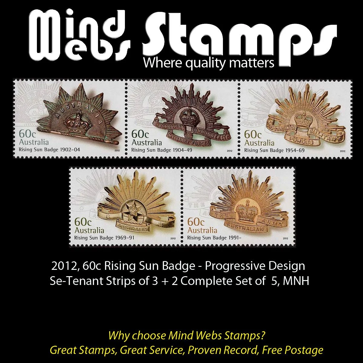 Australian Decimal Stamps, 2012, 60c Rising Sun Badge, Strip 3 & 2, MNH