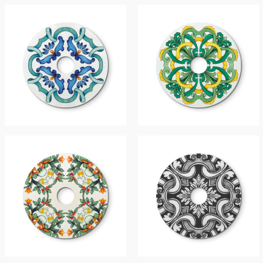 A photo collage showcasing Creative Cables' Ellepi Maioliche lampshade designs.