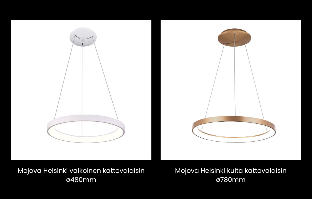 The photo shows the white Mojova Helsinki ceiling light on the left and the gold Mojova Helsinki ceiling light on the right.
