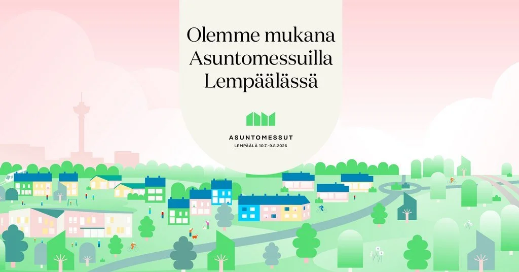 Lempäälän Asuntomessujen virallinen "Olemme mukana asuntomessuilla Lempäälässä" -kuva, jossa piirrettyjä taloja vihreässä maisemassa ja tieto siitä, että Asuntomessut Lempäälässä 10.7.-9.8.2026