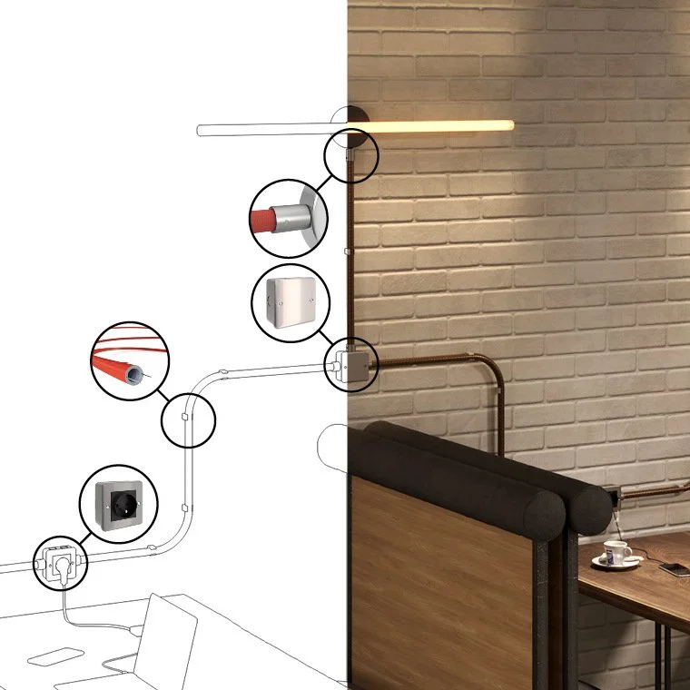Viivapiirroskuvan ja tunnelmakuvan yhdistelmä. Kuvassa vasemmalla viivapiirros tubes-sarjan tuotteista. Oikealla kahvilapöytä, jonka takana vaalea tiiliseinä. Seinällä Tubes-sarjaa.