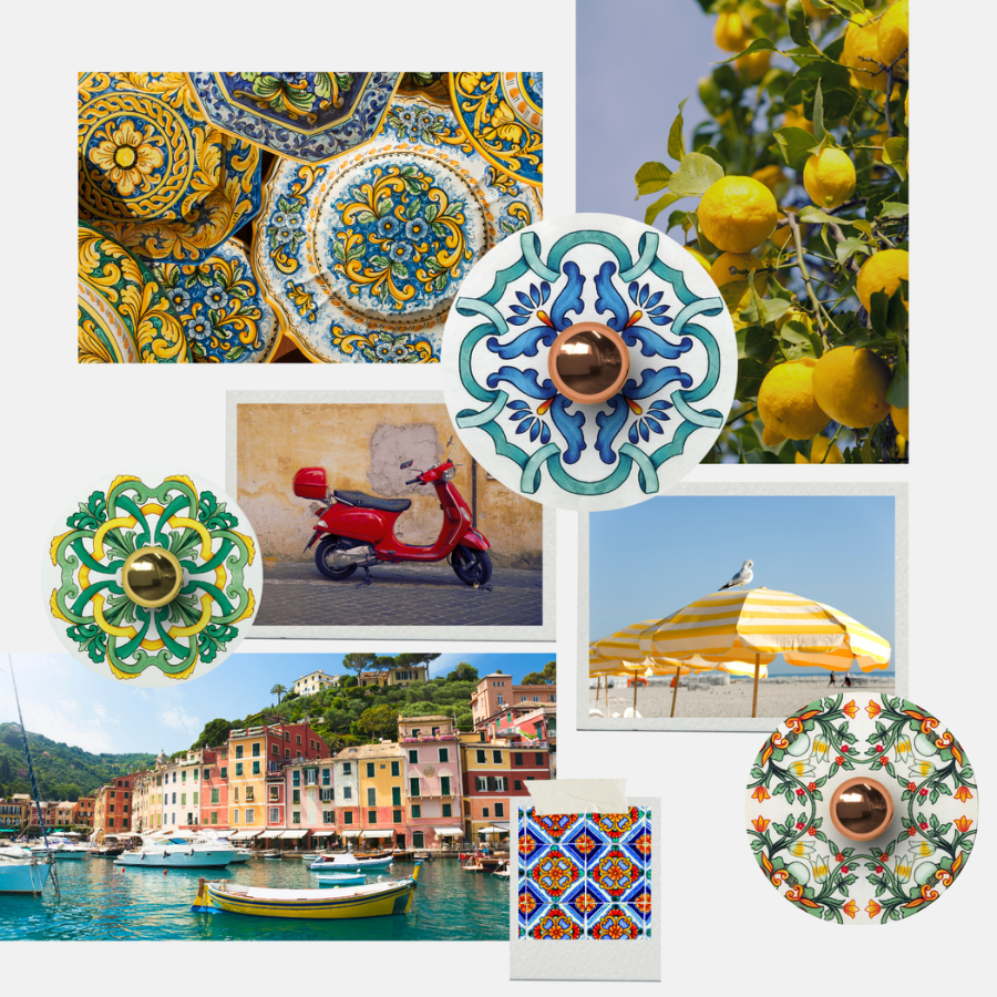 A photo collage evoking a Mediterranean atmosphere: majolica pottery, a red Vespa, a lemon tree, a beach umbrella, and a cityscape