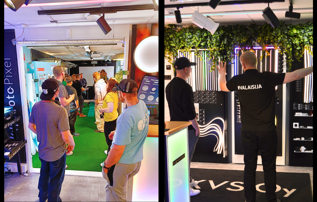 Kahden kuvan kollaasi, joissa ihmisiä selkä kameraan. Vasemmalla kävijäryhmä Seinäjoen showroomilla ulkovalo-osastolla. Oikealla KVS:n työntekijä yhden asiakkaan kanssa suurieleisesti LED-nauhoja esittelemässä.
