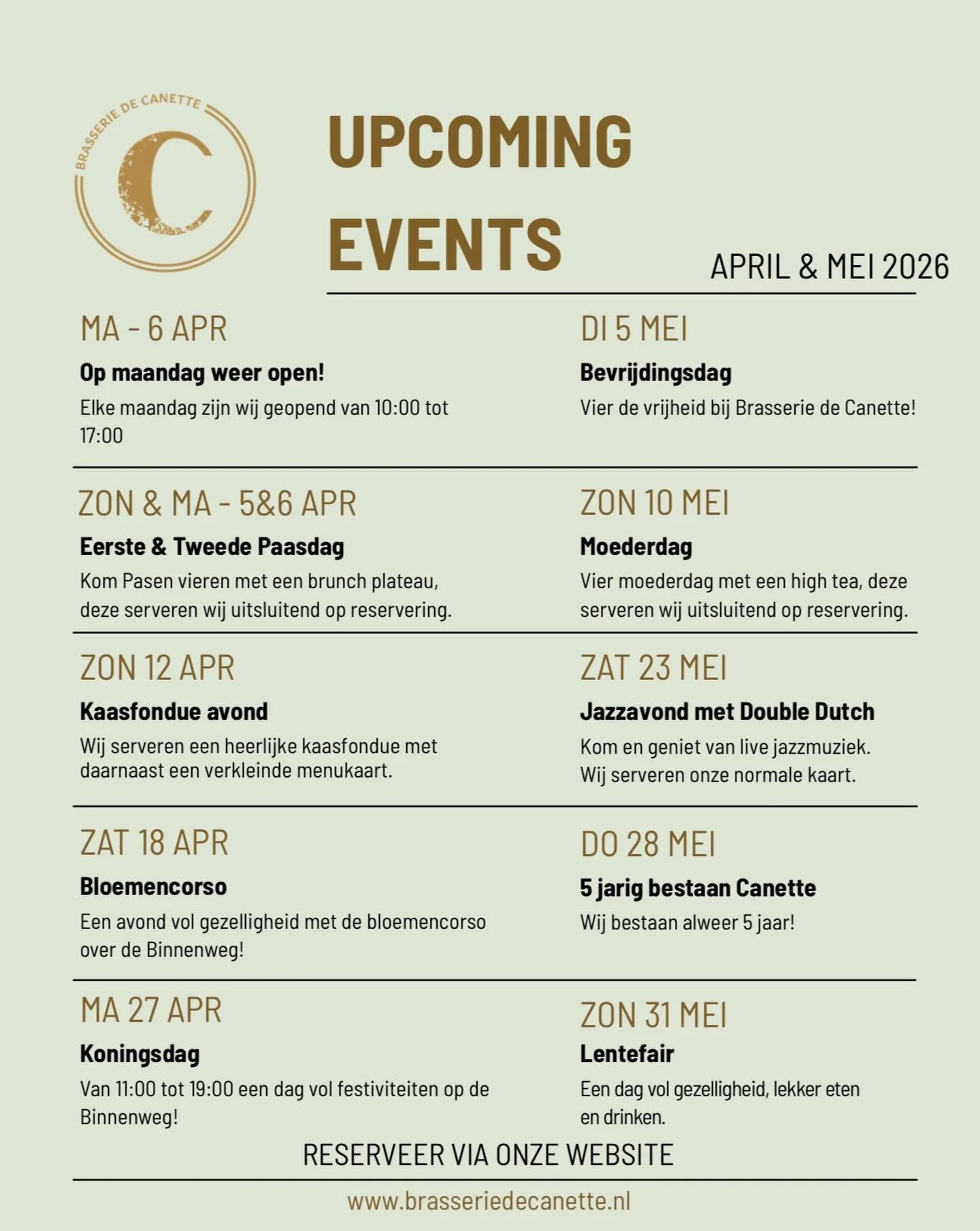 Check out what&rsquo;s coming up 🍽️✨
Our event calendar for the next two months. Don&rsquo;t miss out!!