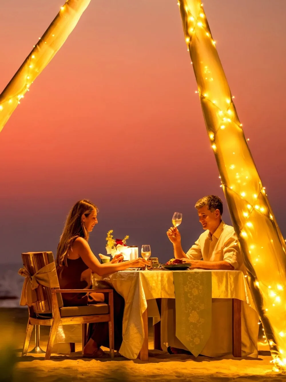 Dinner by the sea at sunset under fairy lights, Angsana Laguna Phuket
