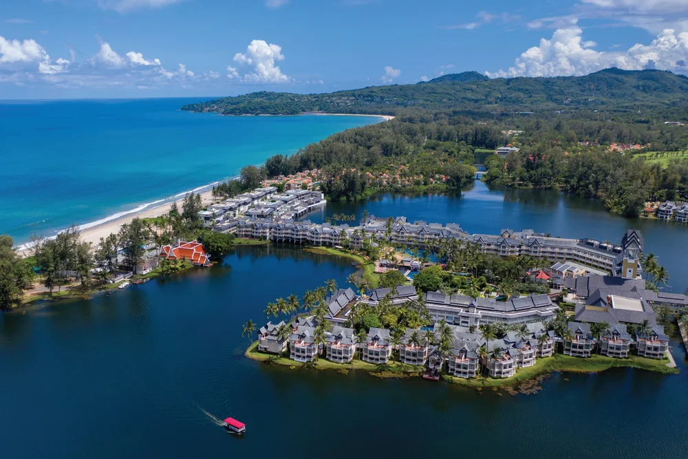 Aerial view of Angsana Laguna Phuket between the lagoon and Bang Tao Beach