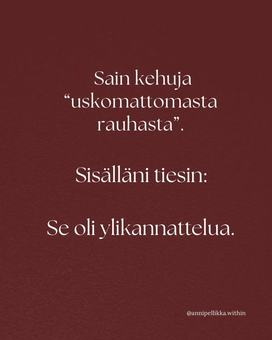 Meid&auml;t on opetettu synnytt&auml;m&auml;&auml;n uutta kiireest&auml; k&auml;sin 

ilman turvaa, ilman kehon rytmi&auml;, ilman naiseuden &auml;ly&auml;.

Jo synnytyksess&auml; keho tiet&auml;&auml;: Ilman turvaa mik&auml;&auml;n ei avaudu. Keho s