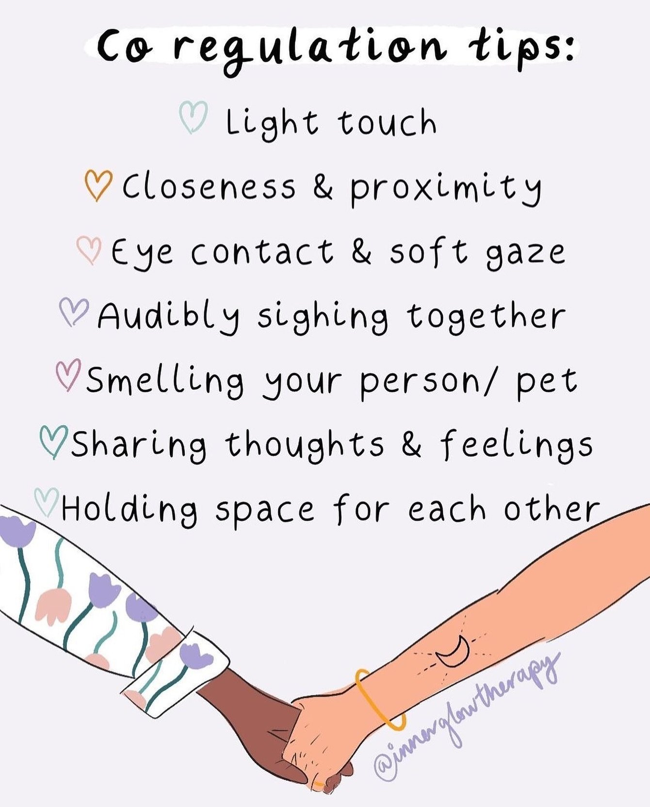 Co regulation is the safe &amp; connecting relationships that help soothe our nervous system. Helping us return back to a place of feeling present,regulated,cared for.

Here are some gentle tips for you to access co-regulation.

What would you add?✨
